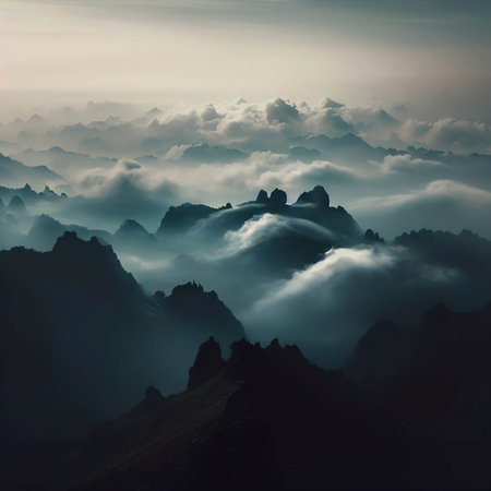 Mesmerizing view of the rocky landscapes covered with clouds captured from a peakの素材
