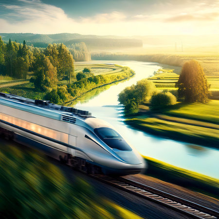 high-speed train driving through a beautiful landscape with a river and a forestの素材