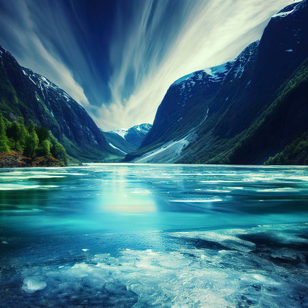 Landscape with frozen Lovatnet lake, Norwayの素材