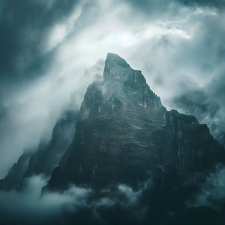 Majestic mountain among the clouds. Mountain landscape in the Dolomites among rain clouds.の素材
