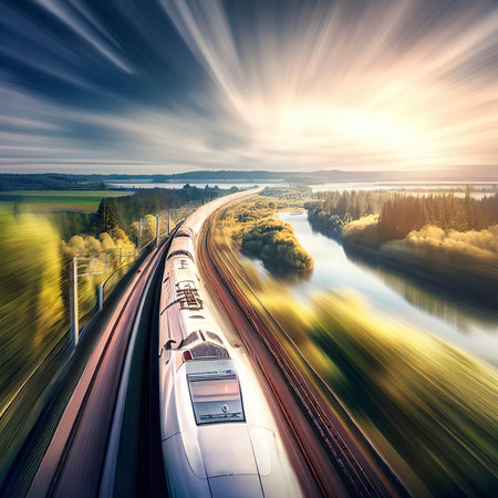 high-speed train driving through a beautiful landscape with a river and a forestの素材