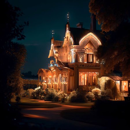 Photo of a beautifully illuminated house at nightの素材