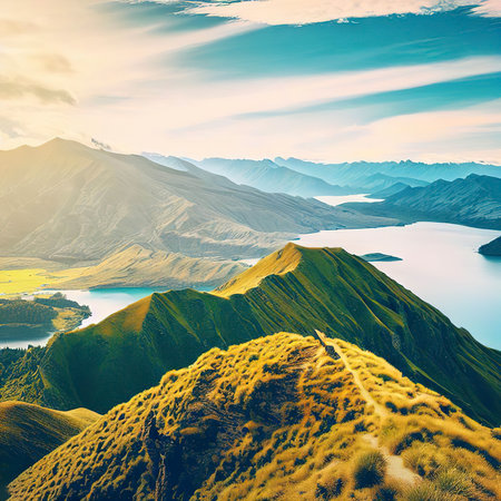 Roys peak mountain hike in Wanaka New Zealand. Popular tourism travel destination. Concept for hiking travel and adventure.の素材