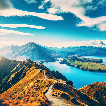 Roys peak mountain hike in Wanaka New Zealand. Popular tourism travel destination. Concept for hiking travel and adventure.の素材