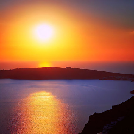 Sunset near Fira from the caldera, Santorini island, Cyclades Islands, Greece.の素材