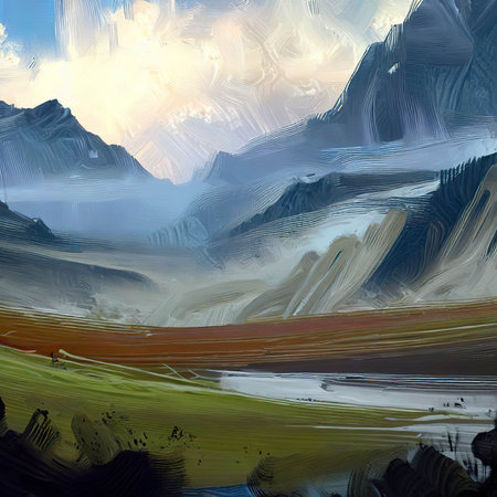 Stunning landscapes, mountains, painting, wallpaper.の素材
