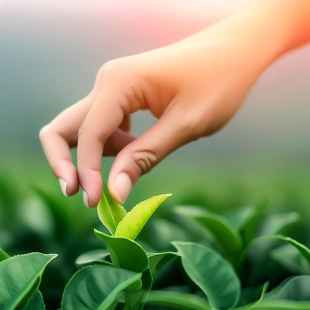 picking tip of green tea leaf by human hand on tea plantation hill during early morning.の素材
