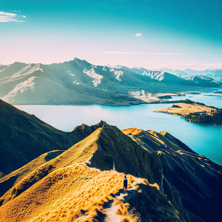 Roys peak mountain hike in Wanaka New Zealand. Popular tourism travel destination. Concept for hiking travel and adventure.の素材
