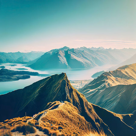 Roys peak mountain hike in Wanaka New Zealand. Popular tourism travel destination. Concept for hiking travel and adventure.の素材