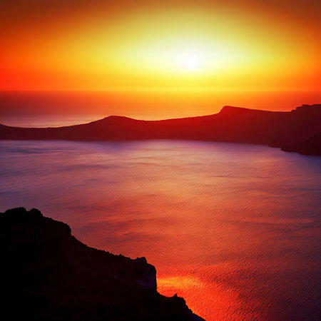 Sunset near Fira from the caldera, Santorini island, Cyclades Islands, Greece.の素材