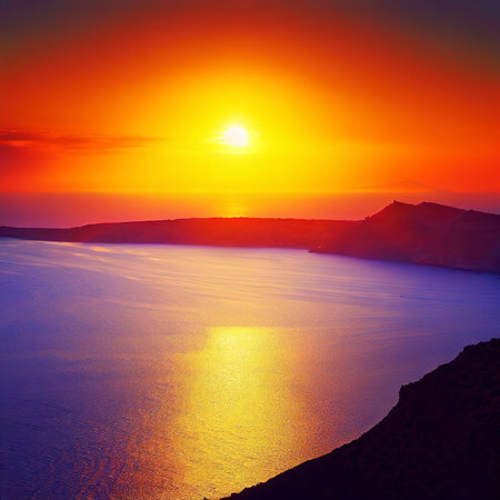 Sunset near Fira from the caldera, Santorini island, Cyclades Islands, Greece.の素材