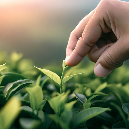 picking tip of green tea leaf by human hand on tea plantation hill during early morning.の素材