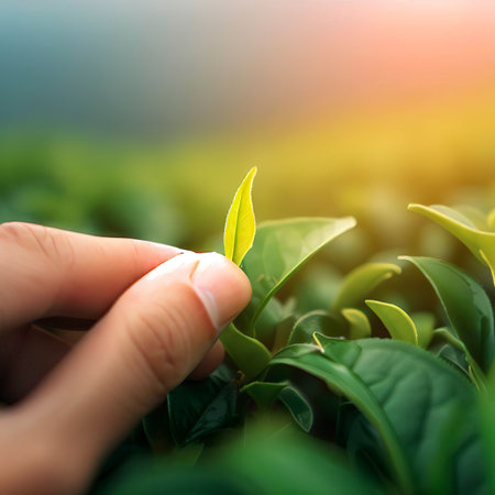 picking tip of green tea leaf by human hand on tea plantation hill during early morning.の素材