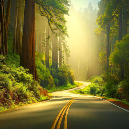 Scenic route in the Redwood National Forest in California, USAの素材