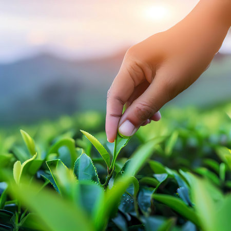 picking tip of green tea leaf by human hand on tea plantation hill during early morning.の素材