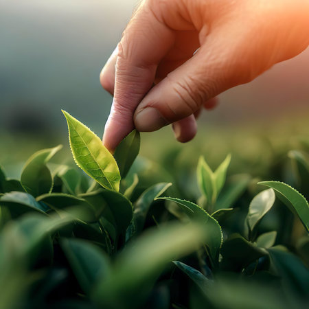 picking tip of green tea leaf by human hand on tea plantation hill during early morning.の素材
