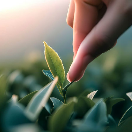 picking tip of green tea leaf by human hand on tea plantation hill during early morning.の素材