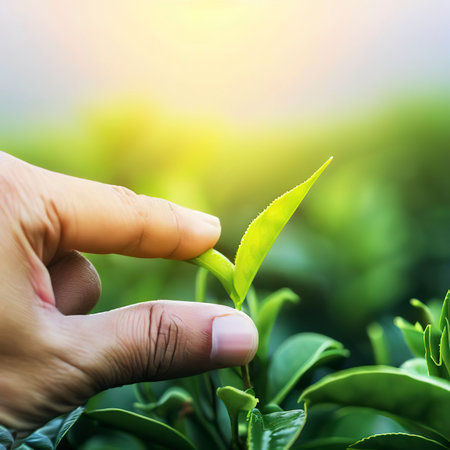 picking tip of green tea leaf by human hand on tea plantation hill during early morning.の素材
