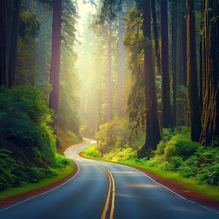 Scenic route in the Redwood National Forest in California, USAの素材