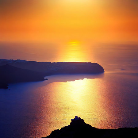 Sunset near Fira from the caldera, Santorini island, Cyclades Islands, Greece.の素材