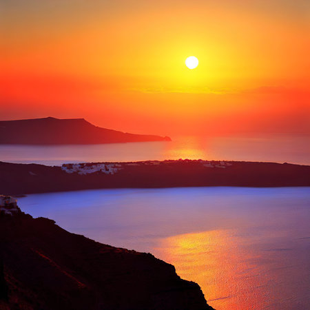 Sunset near Fira from the caldera, Santorini island, Cyclades Islands, Greece.の素材