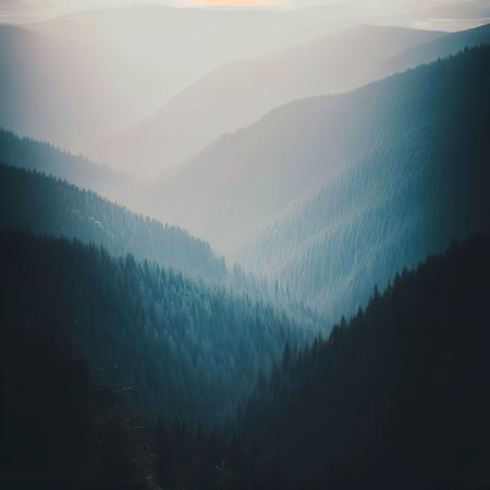Vertical shot of forested mountain landscapesの素材