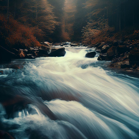 Fast mountain river in the autumn forestの素材