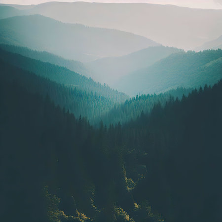 Vertical shot of forested mountain landscapesの素材