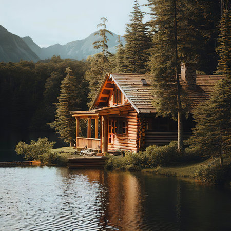 Wood cabin on the lake - log cabin surrounded by trees, mountains, and water in natural landscapesの素材