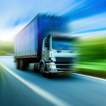 Truck with cargo driving on the road with green nature and blue sky motion blur background.の素材