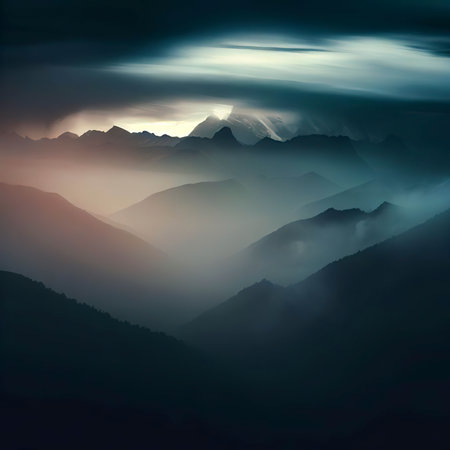 View of the Himalayas during a foggy sunset night - Mt Everest visible through the fog with dramatic and beautiful lightingの素材