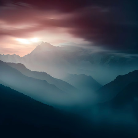 View of the Himalayas during a foggy sunset night - Mt Everest visible through the fog with dramatic and beautiful lightingの素材