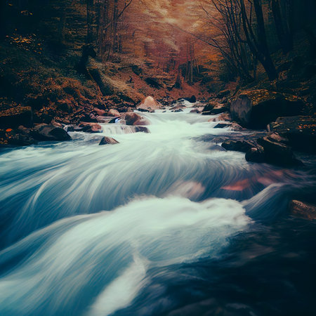 Fast mountain river in the autumn forestの素材