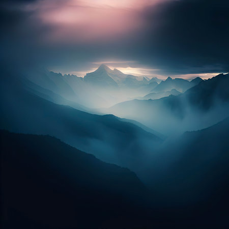 View of the Himalayas during a foggy sunset night - Mt Everest visible through the fog with dramatic and beautiful lightingの素材