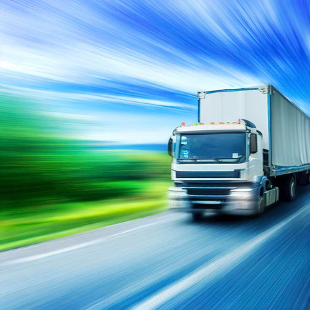Truck with cargo driving on the road with green nature and blue sky motion blur background.の素材