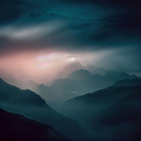 View of the Himalayas during a foggy sunset night - Mt Everest visible through the fog with dramatic and beautiful lightingの素材
