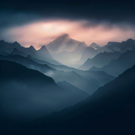 View of the Himalayas during a foggy sunset night - Mt Everest visible through the fog with dramatic and beautiful lightingの素材