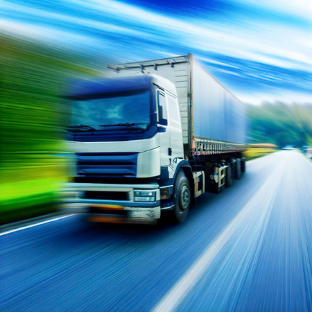 Truck with cargo driving on the road with green nature and blue sky motion blur background.の素材