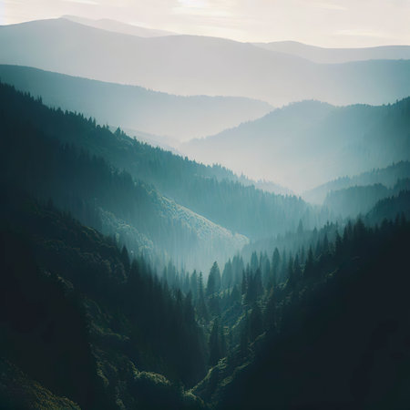 Vertical shot of forested mountain landscapesの素材