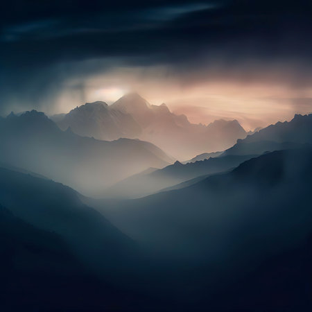View of the Himalayas during a foggy sunset night - Mt Everest visible through the fog with dramatic and beautiful lightingの素材