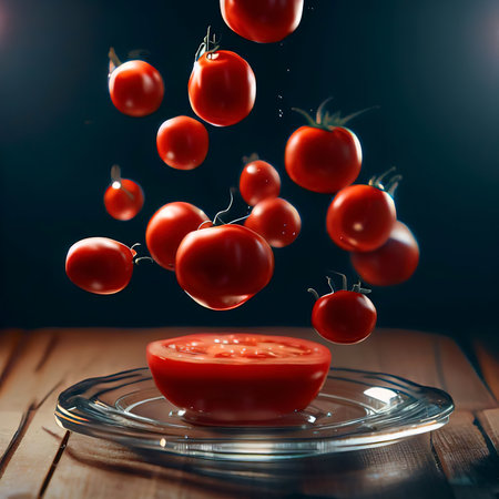 Levitation of red tomatoes. Vegetables fall into a glass plate on a wooden table. The texture of the oilの素材