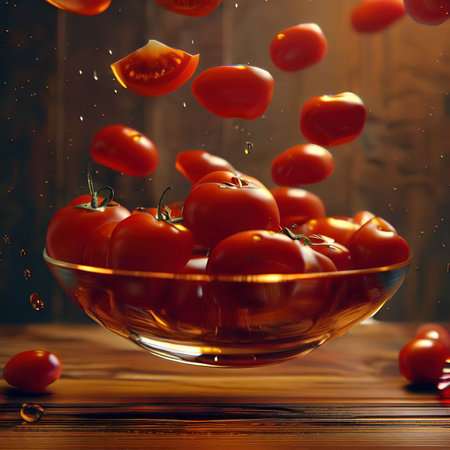 Levitation of red tomatoes. Vegetables fall into a glass plate on a wooden table. The texture of the oilの素材