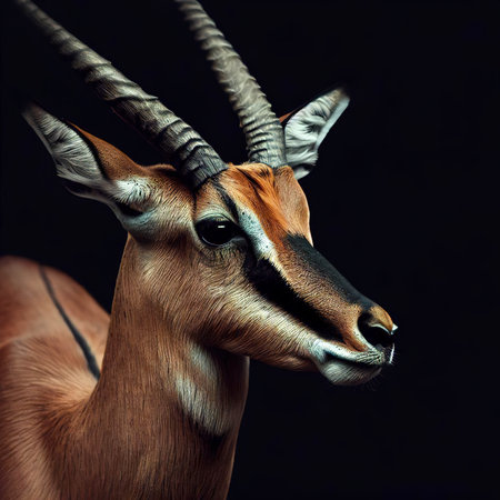 Portrait of an antelope on a black background with space for text. Wild artiodactyl animalの素材