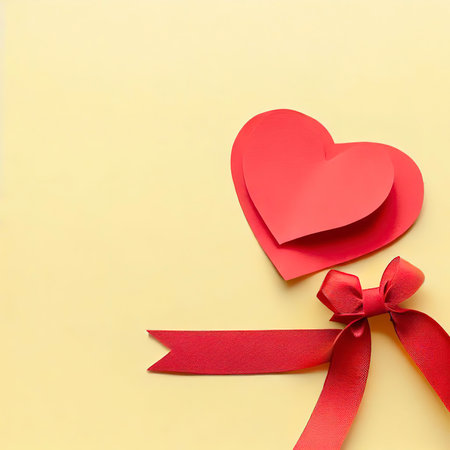 Paper red heart and ribbon with a bow on a yellow background, flat lay. Banner, copy space. Gift background with place for textの素材