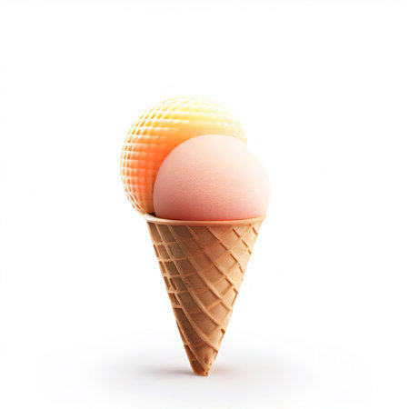 Realistic waffle icecream cone with sorbet on white background with copy space. Frozen dessert for children and adultsの素材