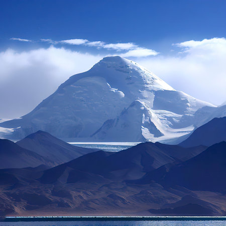 Looking up at Muztagh Tower, known as the father of glaciers, from Pamirs Karakul Lakeの素材