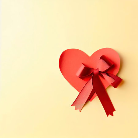 Paper red heart and ribbon with a bow on a yellow background, flat lay. Banner, copy space. Gift background with place for textの素材