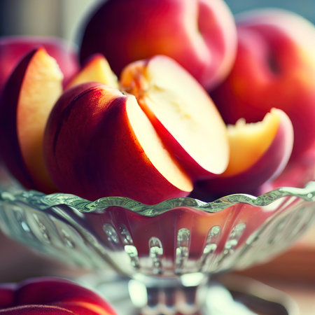 Nectarines in a pretty glass bowl. Extreme shallow depth of field with selective focus on sliced fruitの素材