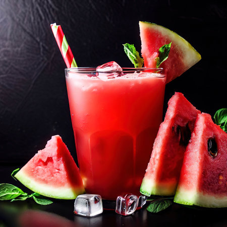 Refreshing cocktail with watermelon juice on black background garnished with chunk of watermelonの素材