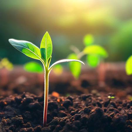 Planting seedlings young plant in the morning light on nature backgroundの素材